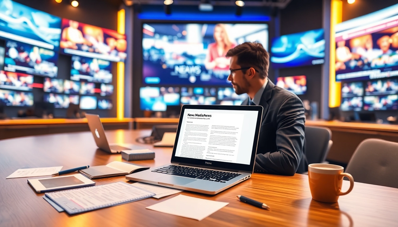 Capture a journalist working on regionalmedianews.com in a bustling newsroom environment.