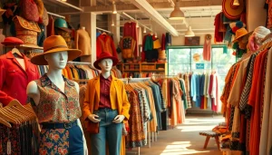 Shop vintage treasures at https://thrift-vintage.com, showcasing eclectic clothing in a vibrant thrift shop.