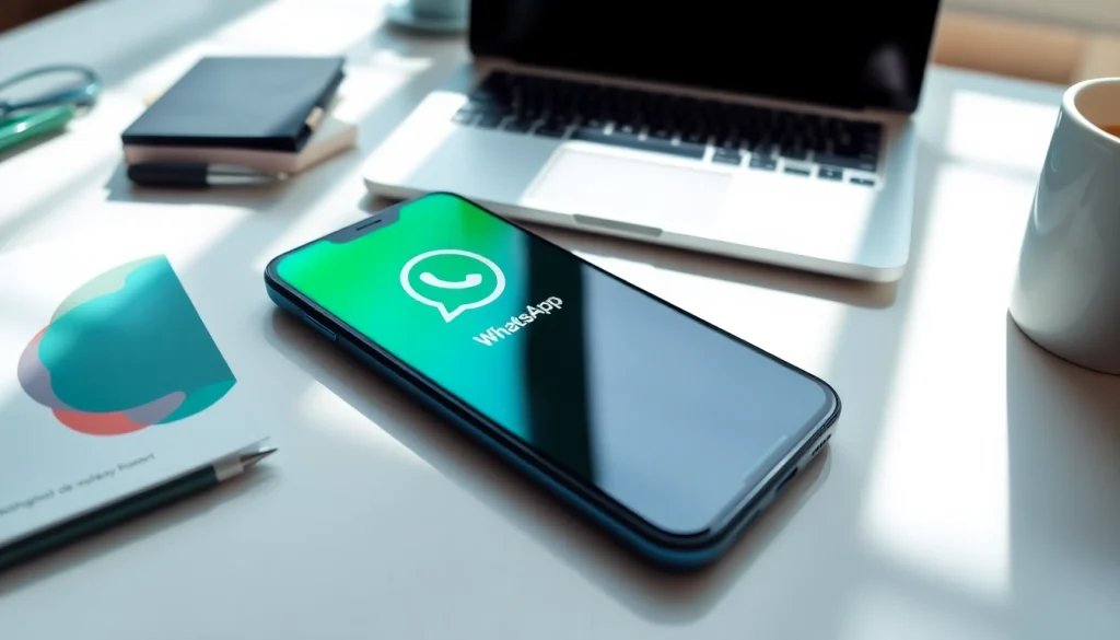 Engage with the powerful whatsapp api through an interactive smartphone display in a bright office.