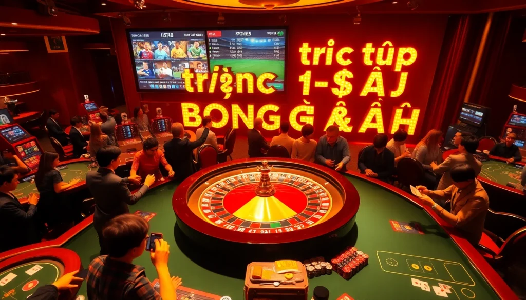 Experience the thrill of 'trực tiếp bóng đá' live betting amidst colorful casino games and eager players.