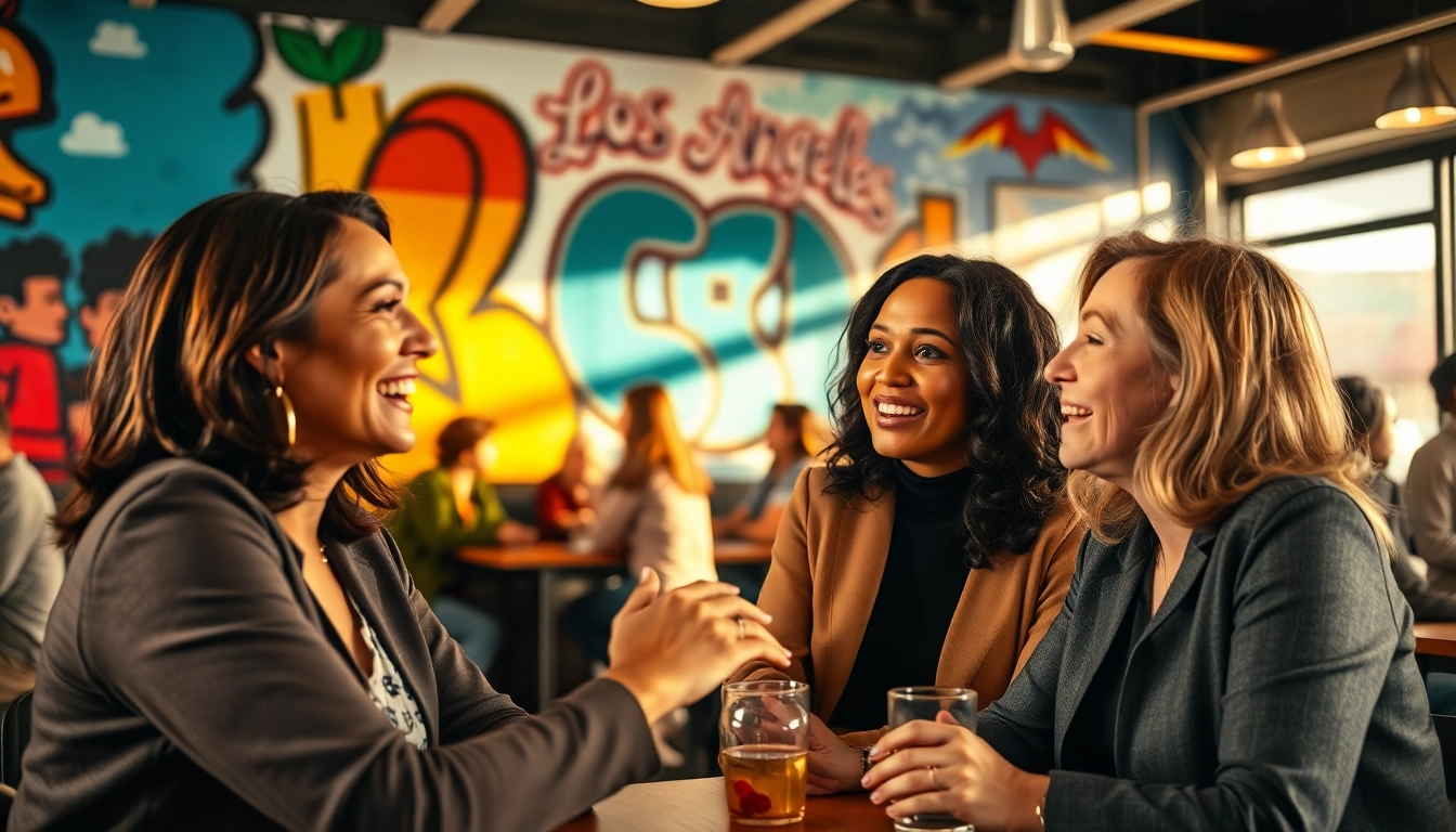 Engaging conversation at 2urbangirls.com about community issues in a vibrant Los Angeles café.