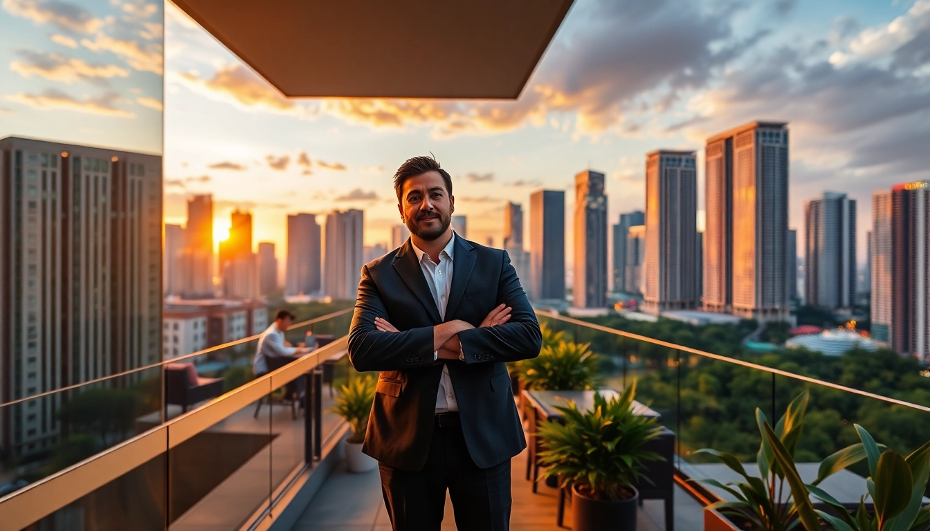 Showcase condos at sunset by https://newdeveloperlaunch.sg with real estate agent engaging clients.