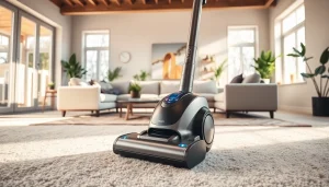Vacuum cleaner in a modern living room, highlighting its sleek design and clean surroundings.
