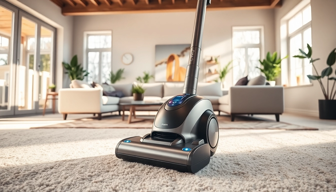 Vacuum cleaner in a modern living room, highlighting its sleek design and clean surroundings.