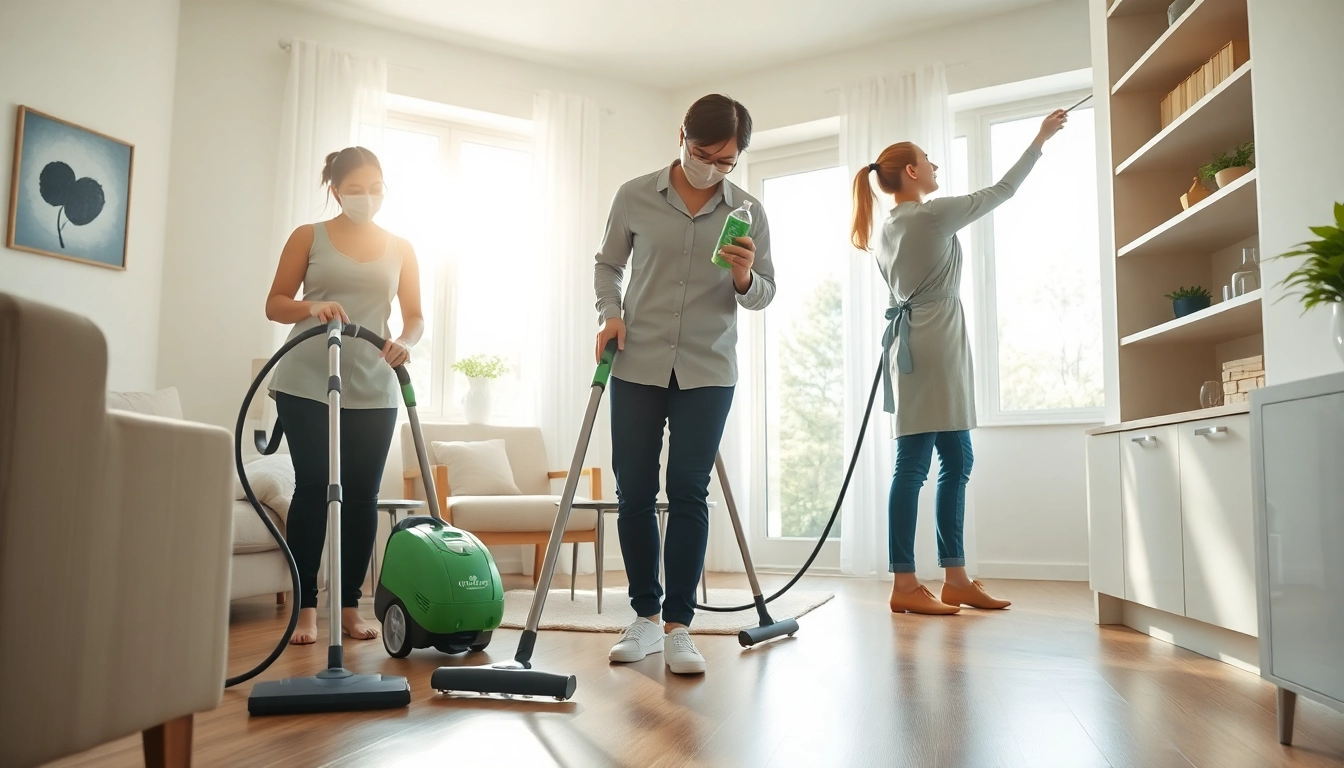 Team providing Cleaning Service in a bright home, showcasing teamwork with eco-friendly products.