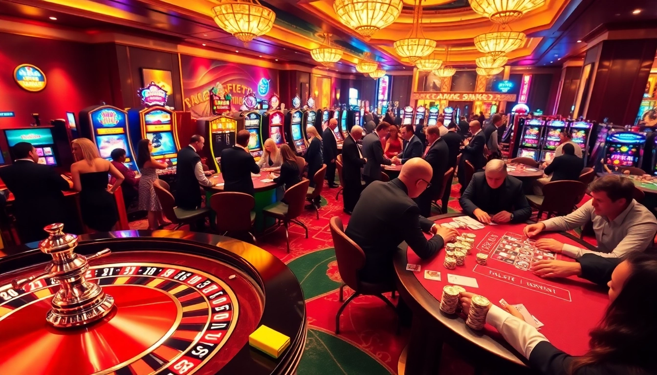KJC AC casino scene with engaged players at roulette and poker tables, showcasing thrilling gambling action.