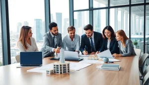 Facilitating discussions on industrial leasing in a contemporary office environment with a collaborative team.