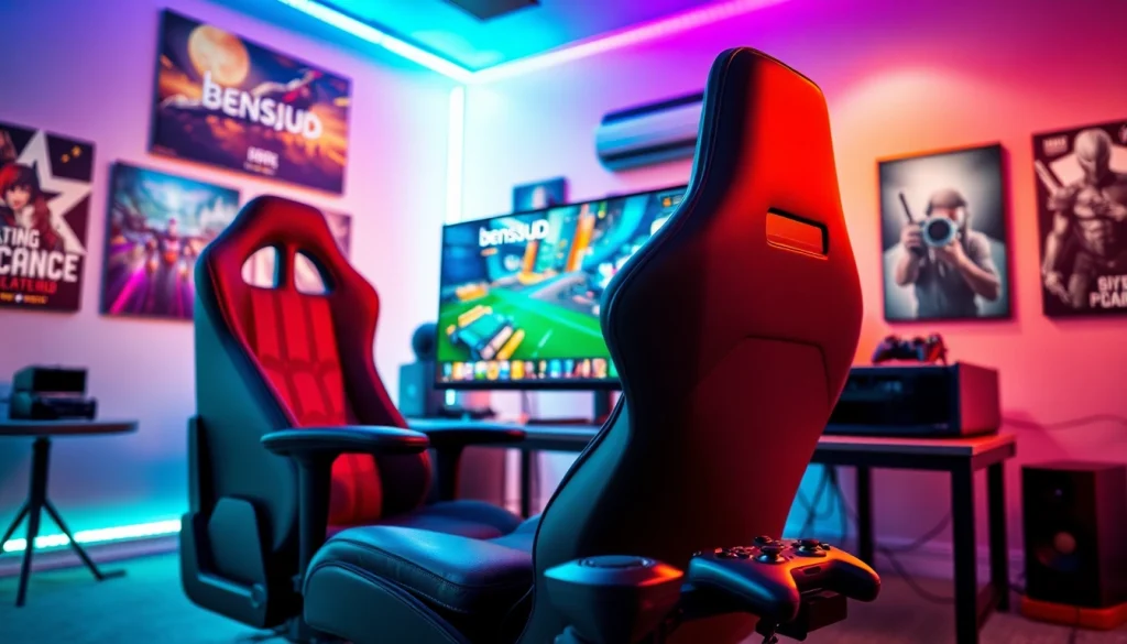 Menampilkan sesi permainan bensu4d game dengan peralatan gaming modern dan atmosfer yang energik.