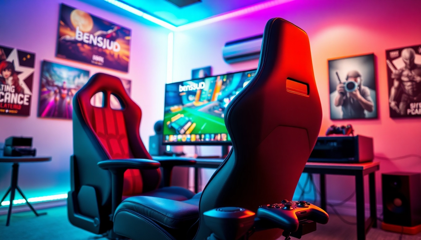 Menampilkan sesi permainan bensu4d game dengan peralatan gaming modern dan atmosfer yang energik.