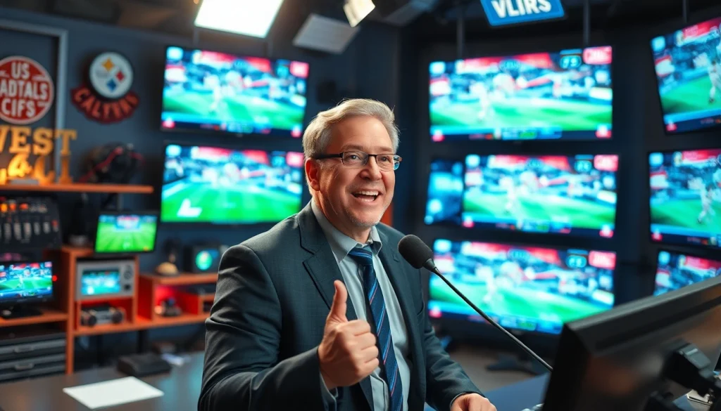 스포츠중계에 전념하는 열정적인 해설자의 모습과 현대적인 스튜디오 배경
