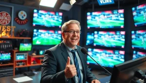 스포츠중계에 전념하는 열정적인 해설자의 모습과 현대적인 스튜디오 배경