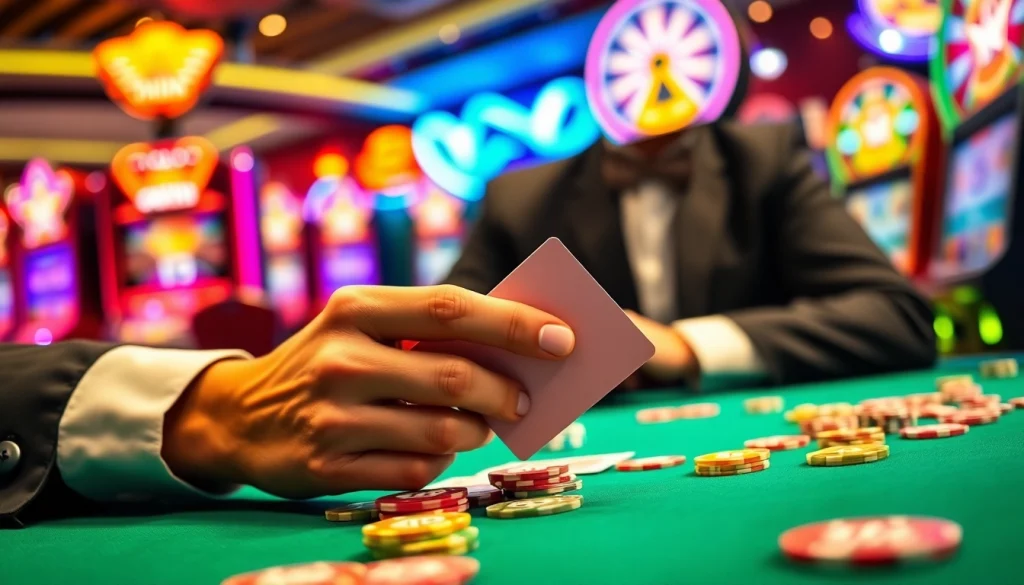 Experience the thrill of MM88 with a focused gambler at a vibrant casino table.