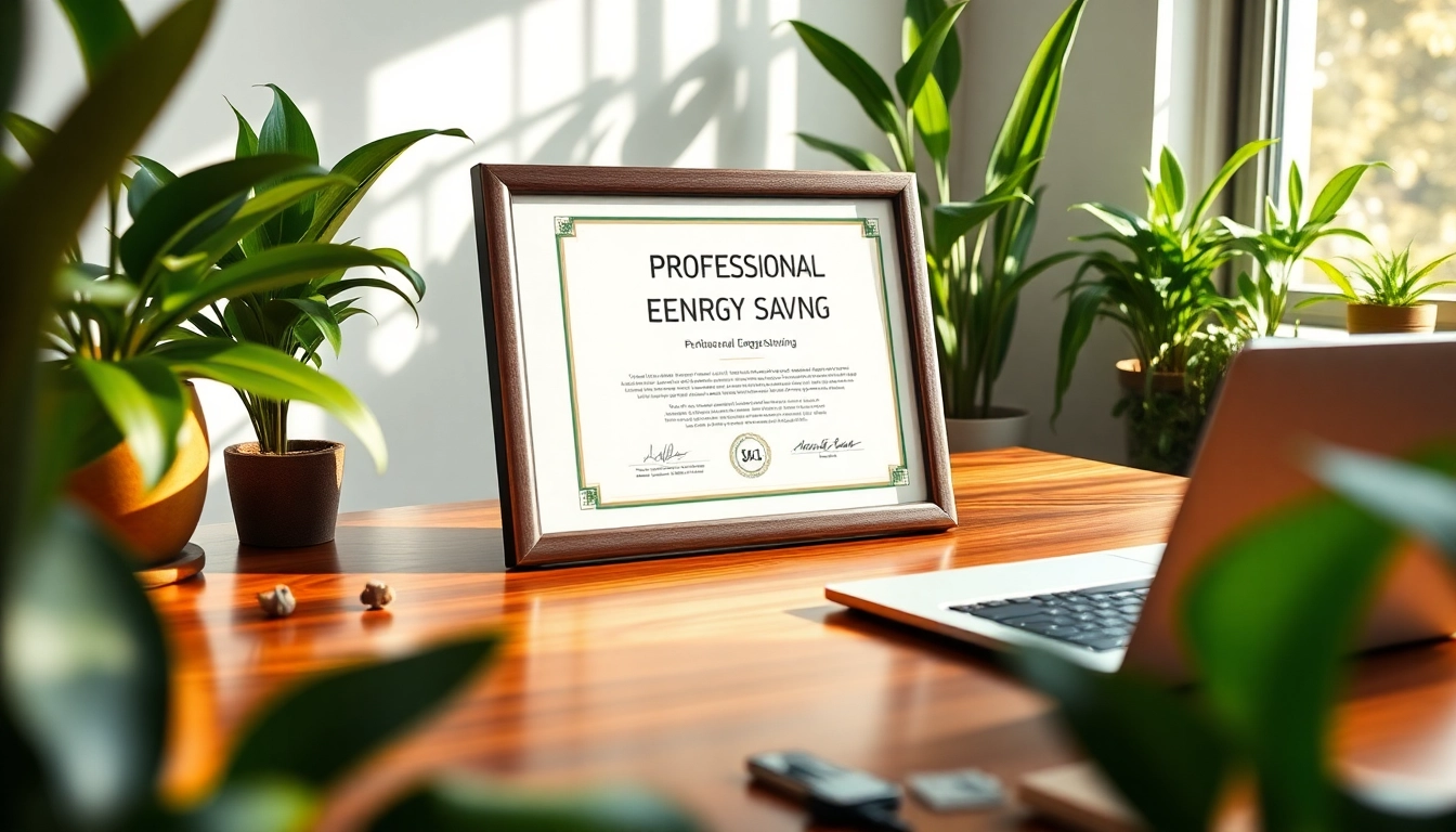 Certificado Ahorro Energético destacado en un entorno profesional con plantas y luz natural.