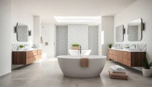 Skilled bathroom builders showcasing a luxurious renovated bathroom with modern features.