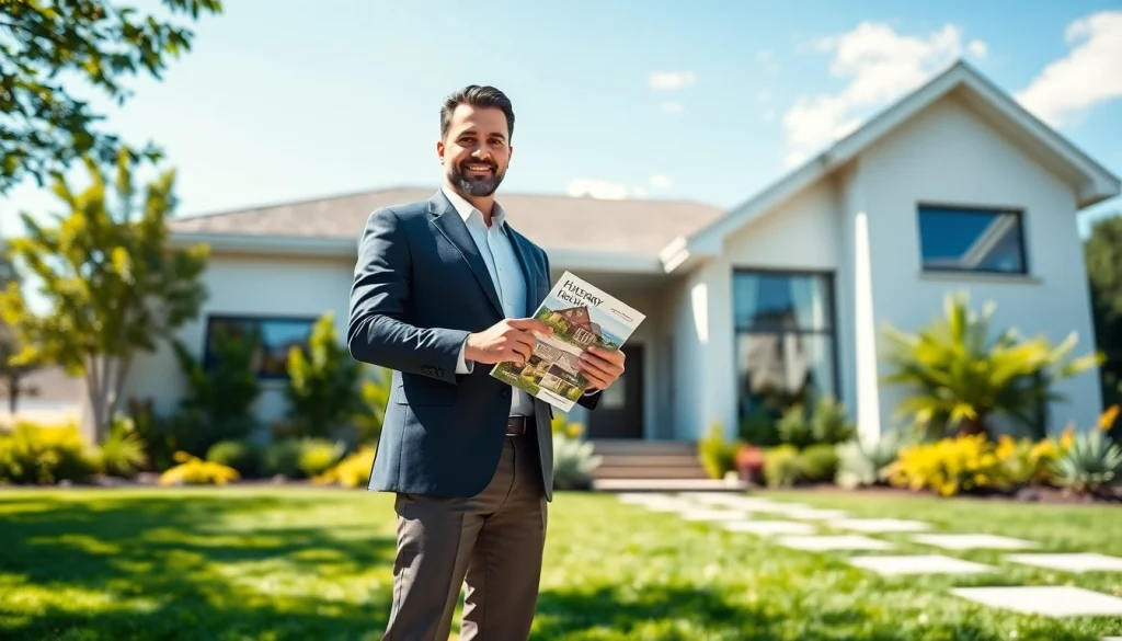 Showcasing a real estate agent in front of a beautiful home, promoting Real Estate opportunities.