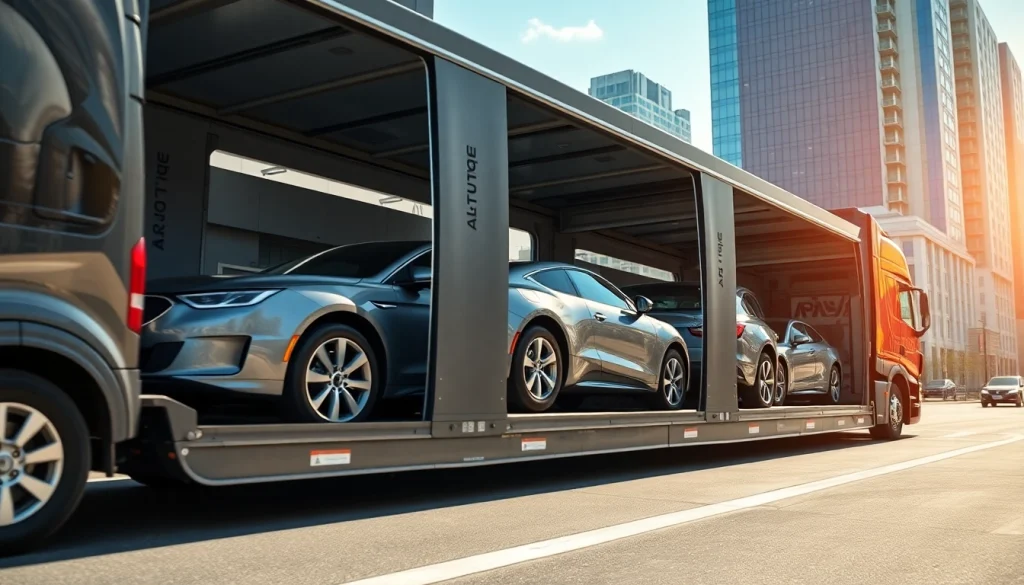 Transporting high-end vehicles with https://luxuryautocarriers.com amidst a bustling urban landscape.