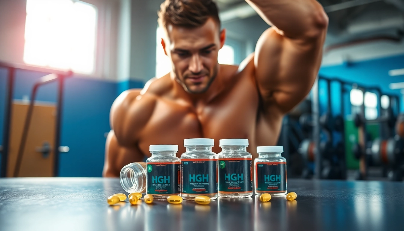 BUY HGH ONLINE with high-quality supplements displayed in a vibrant gym.