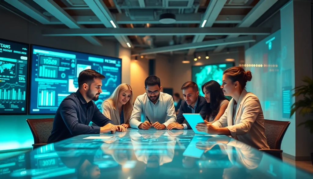 Engaged professionals discussing innovations at https://mohamedmmblog.tech in a modern tech workspace.