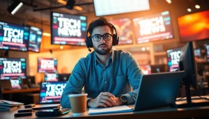 Informuojantis technologijų naujienų žurnalistas, matomas https://technaujienos.lt, modernioje redakcijoje.