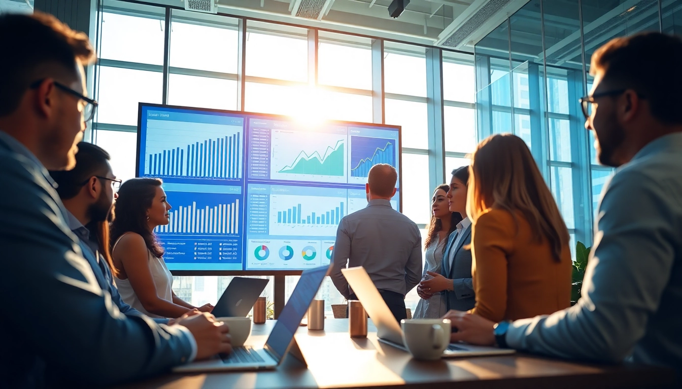 Analyze competitive intelligence data in a professional business setting with a diverse team collaborating.