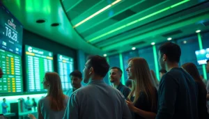 Engaging scene of sports enthusiasts analyzing mm 88 betting odds in a vibrant bar setting.