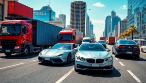 Car shipping service in action, showcasing vehicles being transported in an urban environment.