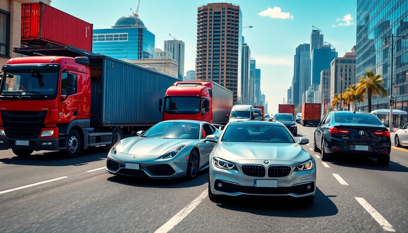 Car shipping service in action, showcasing vehicles being transported in an urban environment.