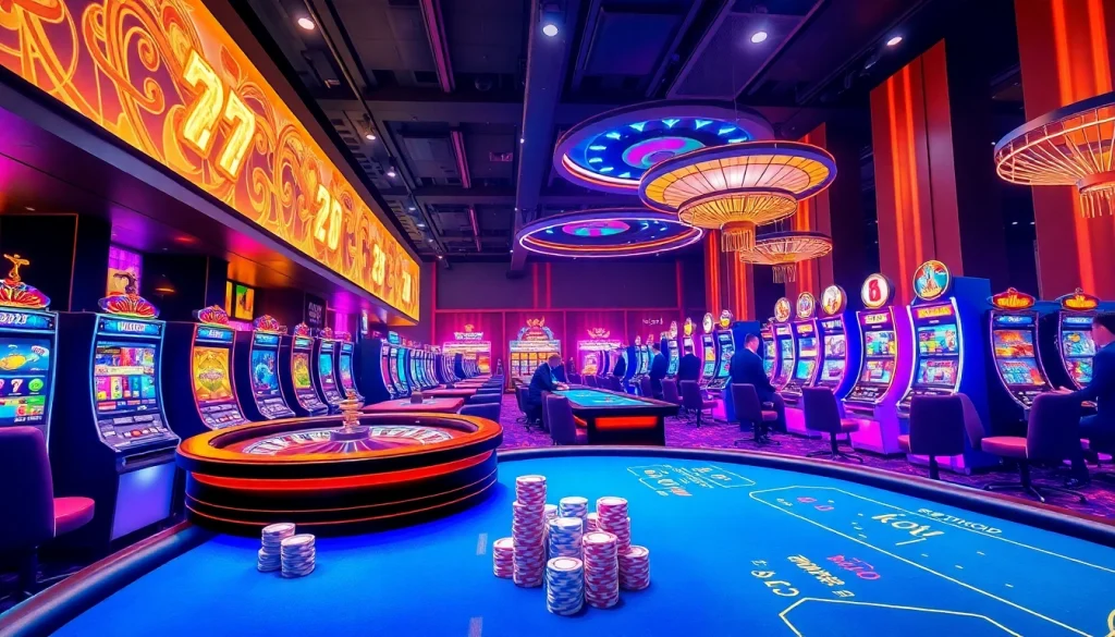 KJC AC 1 showcases a dynamic casino environment, bustling with vibrant gaming tables and slot machines.