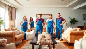 Efficient cleaning service professionals transforming a cozy living room into a spotless environment.