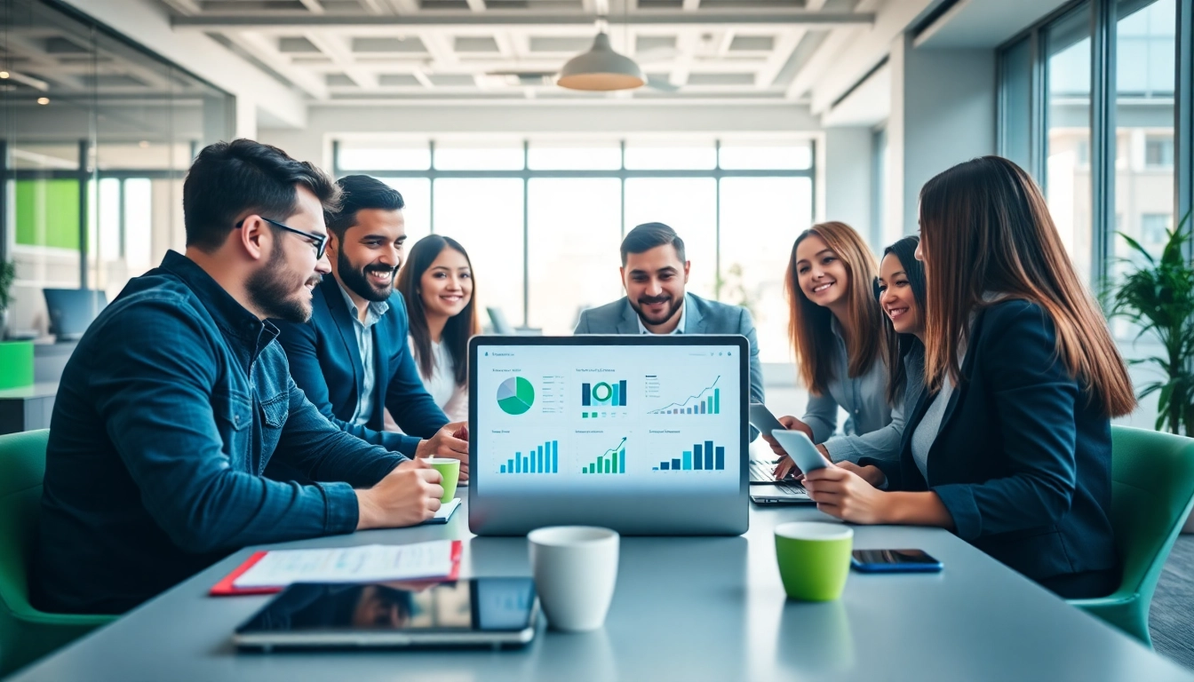 Engaged team discussing a facebook smm panel strategy in a modern office environment.