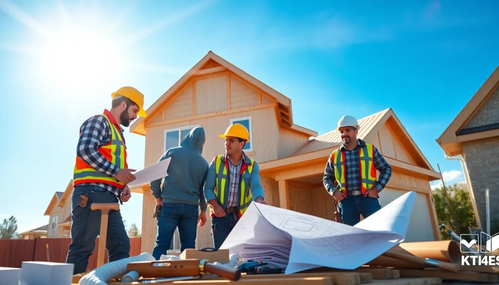 Find good builders near me discussing blueprints on a sunny construction site.