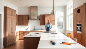 Remodeling Contractor expertly renovating a bright, modern kitchen.