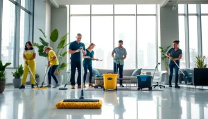 Reiniger in einem modernen Büro von https://nm-gebäudeservice.de bei der Arbeit, umgeben von einer glänzenden und sauberen Umgebung.