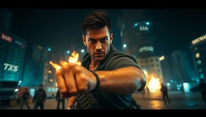 Heroic character in an action-packed thriller set against an explosive urban backdrop.