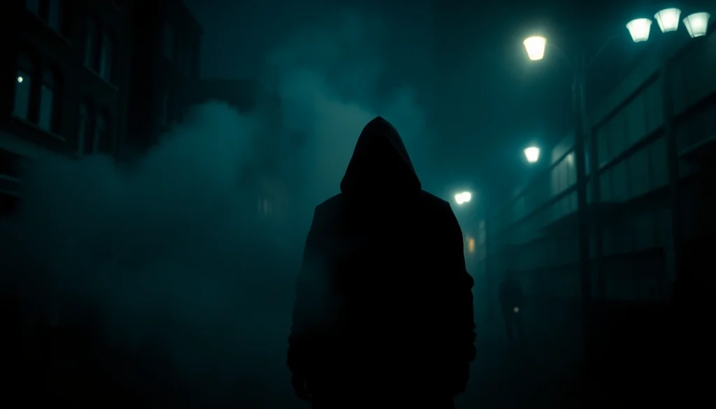 Engaging thriller scene with a mysterious figure in a moody urban setting.