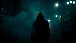 Engaging thriller scene with a mysterious figure in a moody urban setting.