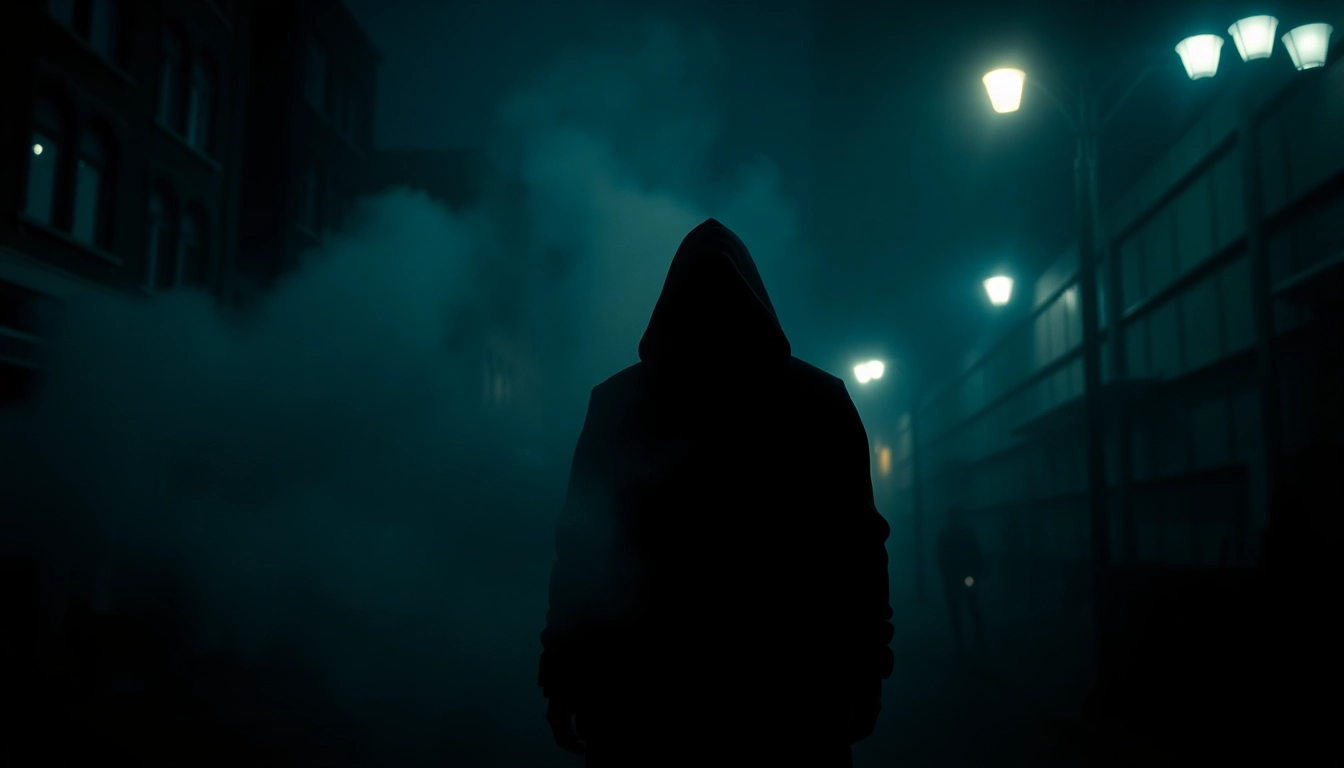 Engaging thriller scene with a mysterious figure in a moody urban setting.