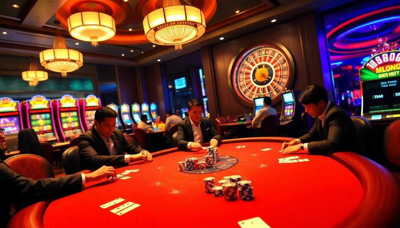 Experience the excitement of MM88 as players strategize at a luxurious casino poker table.