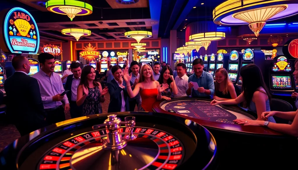 JBO players eagerly betting at a vibrant casino blackjack table with roulette wheel in view.