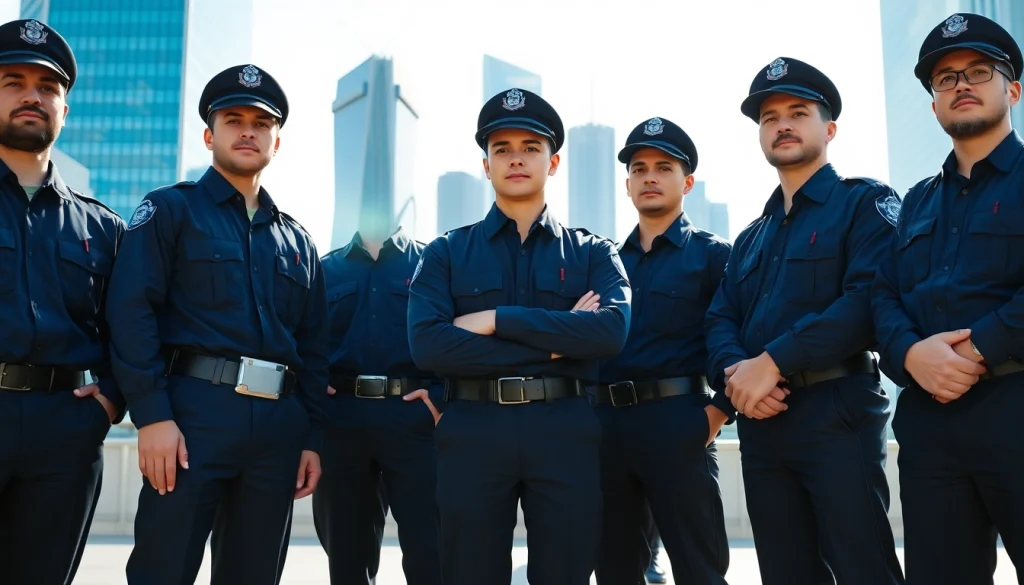 Security Guards maintaining vigilance at a corporate event with a city skyline backdrop.