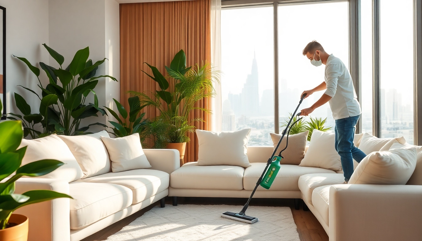 Sofa cleaning Dubai professionals revitalizing a modern living room.