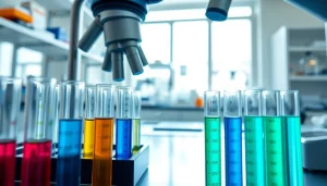 Investigating research peptides using a microscope in a vibrant scientific laboratory.