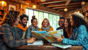 Group of travelers engaging over plans at https://travelvixta.com for their next adventure.
