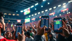 Engaging sports betting in India with vibrant mobile app odds in a lively stadium.