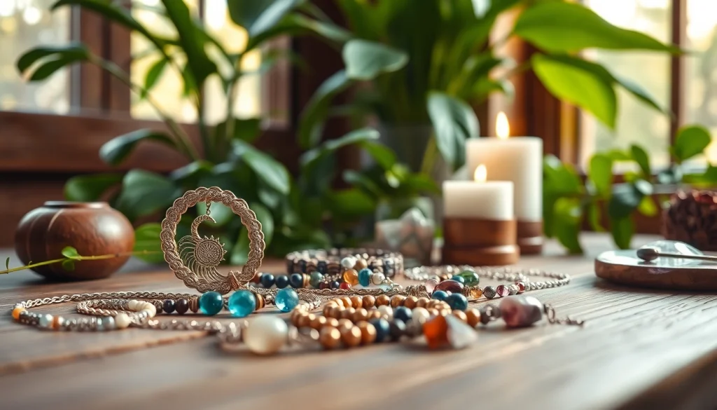 Admire the beauty of spiritual jewelry featuring intricate designs and healing gemstones.
