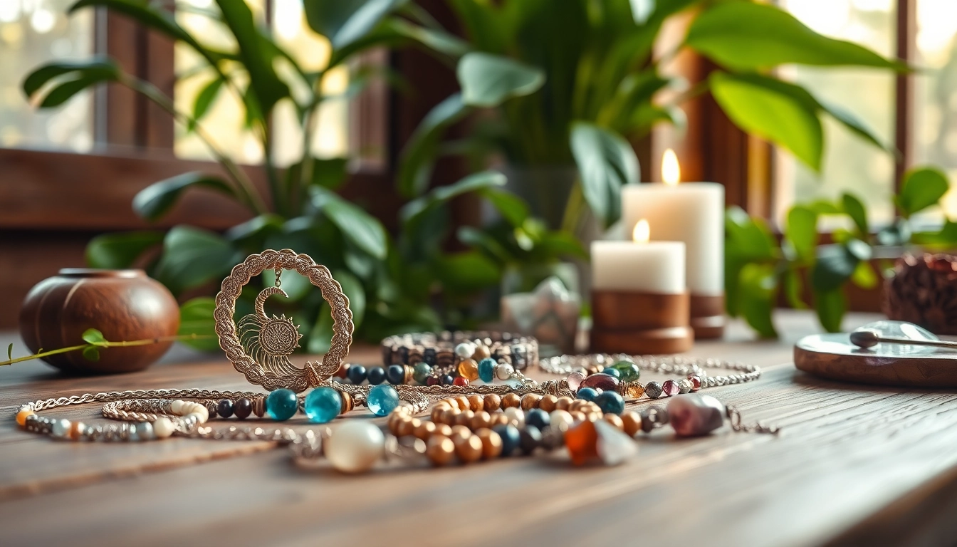 Admire the beauty of spiritual jewelry featuring intricate designs and healing gemstones.