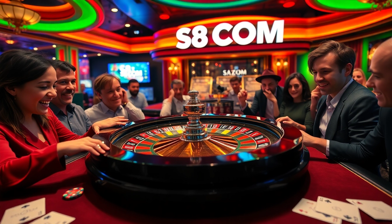 S8 COM showcases a thrilling roulette game with players eagerly placing bets at a vibrant casino table.
