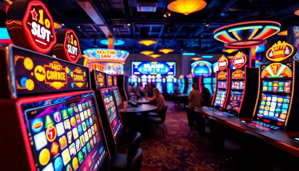 Permainan slot gacor terlihat terang dengan mesin slot menawan dan suasana kasino digital yang menarik.