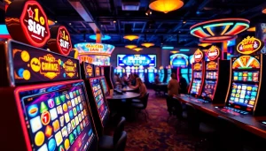 Permainan slot gacor terlihat terang dengan mesin slot menawan dan suasana kasino digital yang menarik.