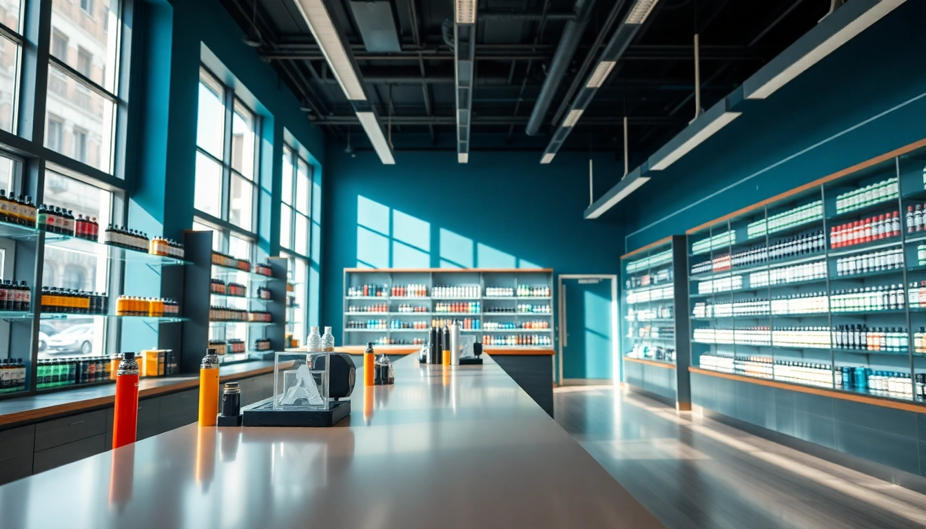 Besucher in einem modernen vape shop mit umfangreicher Auswahl an Produkten.